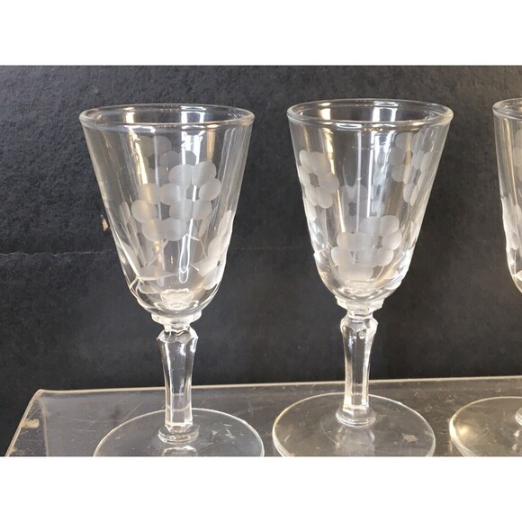 4 Vintage Crystal Clear Optic Stemmed Cordial Liqueur Glasses Etched Floral - Picture 8 of 12